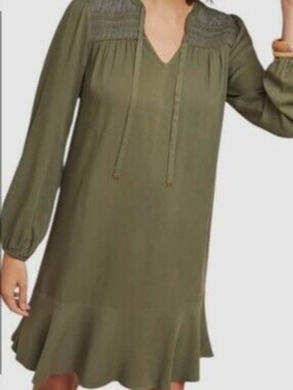 Maeve by Anthropologie Green Smoked Long Sleeve V-Neck Dress Size US 12